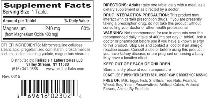 Magnesium Oxide 400 mg Dietary Supplement Tablets Generic MegOx 120 Tablets per Bottle Pack of 24