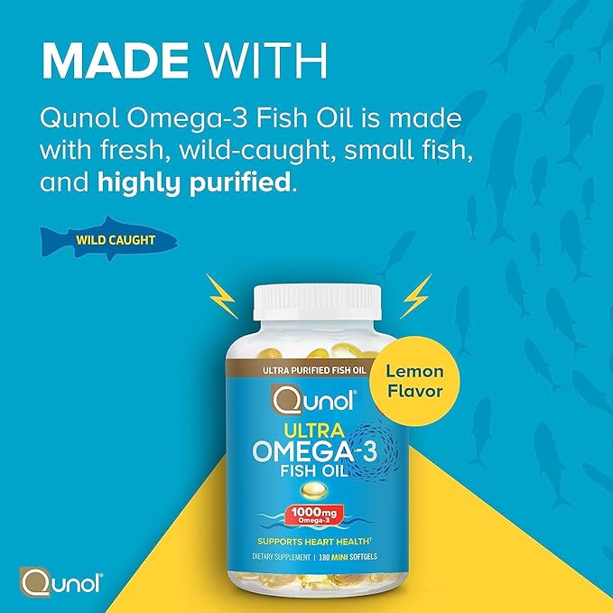 Qunol Ultra CoQ10 200mg Softgels - Ultra High Absorption Coenzyme Q10 Supplement - 2 Month Supply - 60 Count + Fish Oil Omega 3 Mini Softgels 1000mg Omega 3 EPA + DHA 3 Month Supply 180 Count