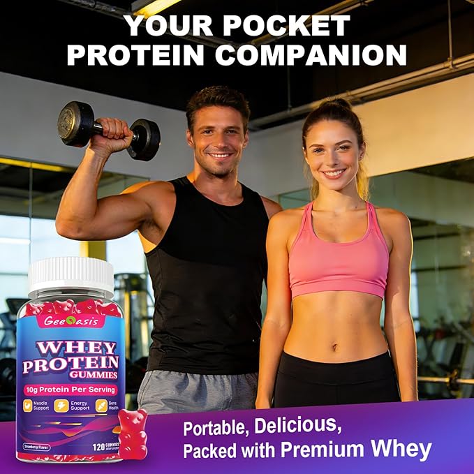 Whey Protein Gummies 10g Protein Chewables Supplements for Women &amp Men Muscle &amp Energy Support Bone Health Strawberry Flavor 120 Count