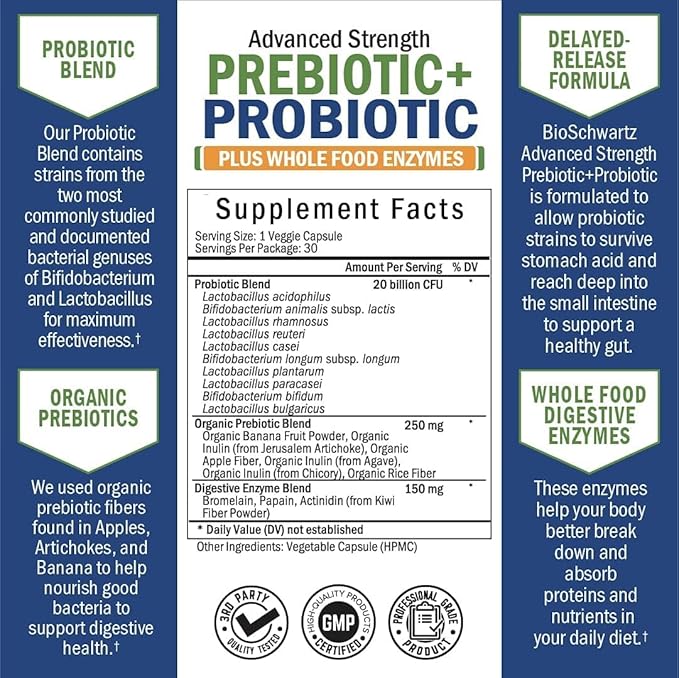 Super Greens Powder with Probiotics Prebiotics and Digestive Enzymes (30 Servings) Plus Advanced Strength Pre and Probiotics Supplement with Digestive Enzymes (1 Month Supply)