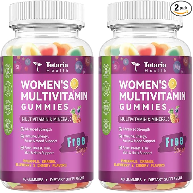 (2 Pcs) Totaria Sugar Free Multivitamin Gummies for Women 14+ w/Iron Inositol Folate Biotin Womens Daily Multivitamin Gummy w/Vitamin A C B D3 K2 for Hair Skin Energy Immune Mixed Flavors