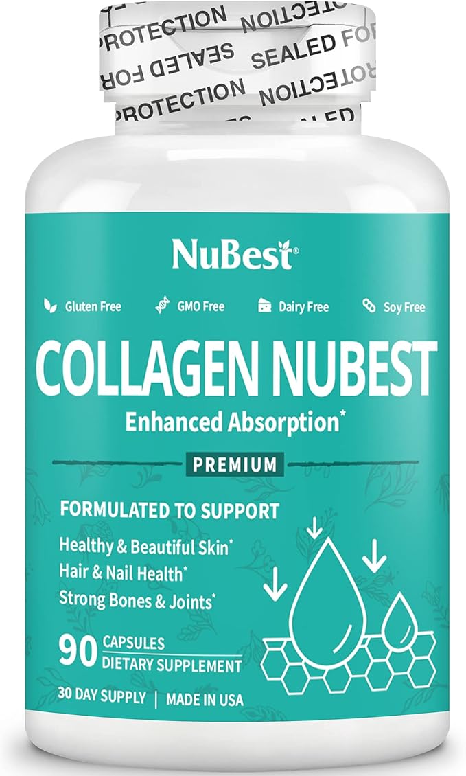 NuBest Collagen Super Collagen Peptides - Revitalizes Skin Hair &amp Nails - Bone &amp Joint Strength - Beauty Collagen Formula for Men &amp Women - 1500 mg Per Serving | 90 Capsules