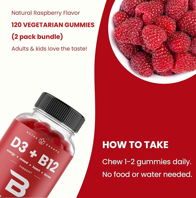 NutraChamps Vitamin D3 &amp B12 Methyl B12 Gummies for Adults &amp Kids Enhanced with Vitamin D 3 &amp B9 Vitamin Folate Natural Energy Mood Metabolism &amp Focus Raspberry 120 Gummies (Pac