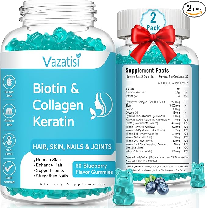 2 Pack Biotin Gummies with Collagen &amp Keratin for Hair Skin Nails- Women Men Kids - 120 Blueberry Flavored Gummies
