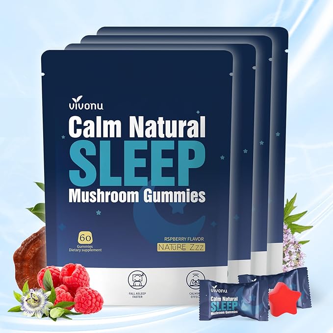 VivoNu Sleep Gummies for Adultswith L-Theanine Magnesium Reishi MushroomValerian Root Passionflower | Non-Habit Forming Sleep Aid | Non-GMO Sleep Gummies Melatonin Free | Raspberry Flavor (60pcs)