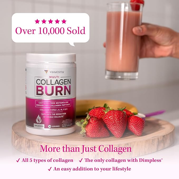 Vitauthority Multi Collagen Burn: Hydrolyzed Protein Peptides with Hyaluronic Acid and Multi Collagen Peptides Powder for Women - Hydrolyzed Flavored Collagen