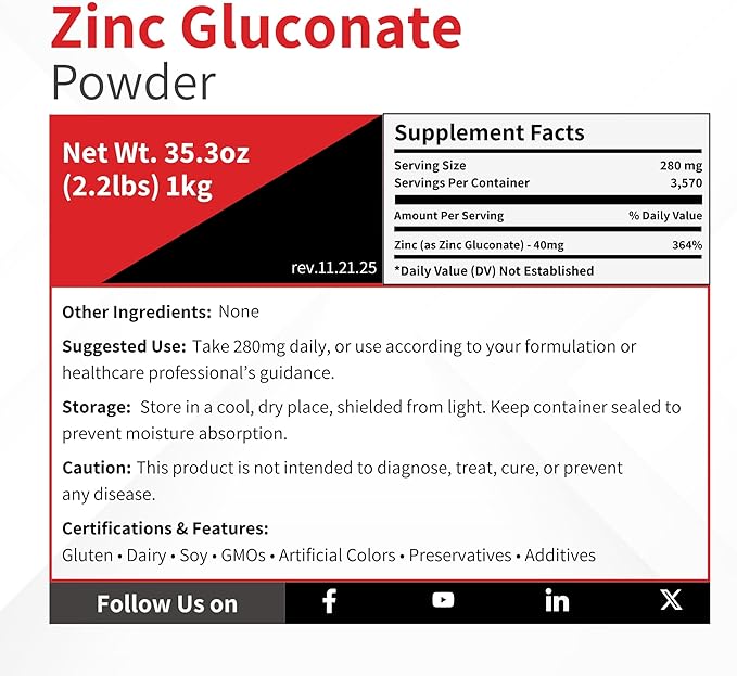 Zinc Gluconate Powder USP Grade - 1 kg (2.2 lb) - Nutritional Ingredient for Vitamin Tablet Supplement Capsule Manufacturing