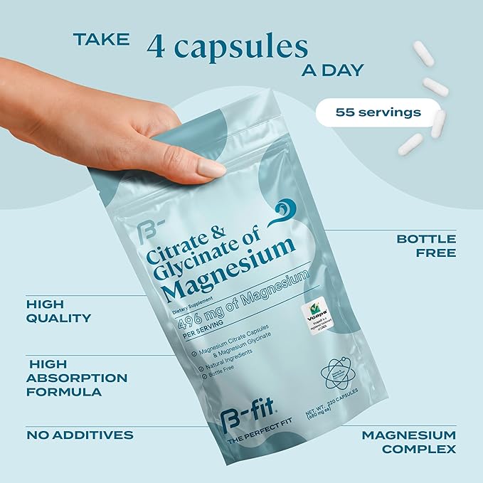 B-FIT B Glycinate &amp Citrate Magnesium + Vegan Protein - 496 mg Elemental Magnesium - High Absorption Formula - Pea Protein Powder 600g - Plant Based Protein Shake
