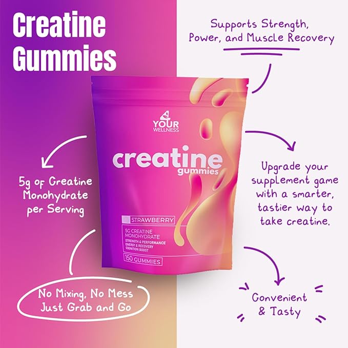 Creatine Monohydrate 5000mg Gummies - Vegan Strawberry Chewable Supplement for Women and Men Strength Endurance and Focus Support Travel-Friendly - 30 Day Supply 150 Count