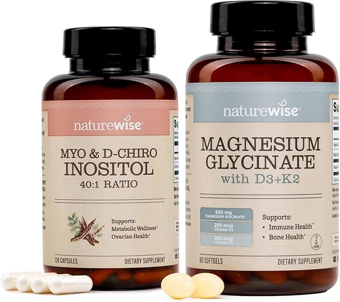 NatureWise Myo-Inositol &amp D-Chiro Inositol Supplement for Women - Ideal 40:1 Ratio [30-Day Supply] + Magnesium Glycinate 550mg + 10000 IU Vitamin D3 + K2 - Chelated for High Absorption [30-Day Sup