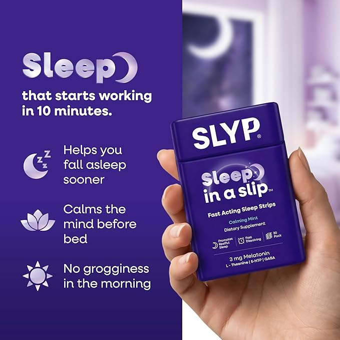 Slyp Fast-Dissolving Oral Mint Sleep Strips Natural Sleep Aid for Adults &amp Kids with Melatonin 3mg L-Theanine GABA &amp 5-HTP for Calm Support &amp Alternative to Sleeping Pills &amp Gummies