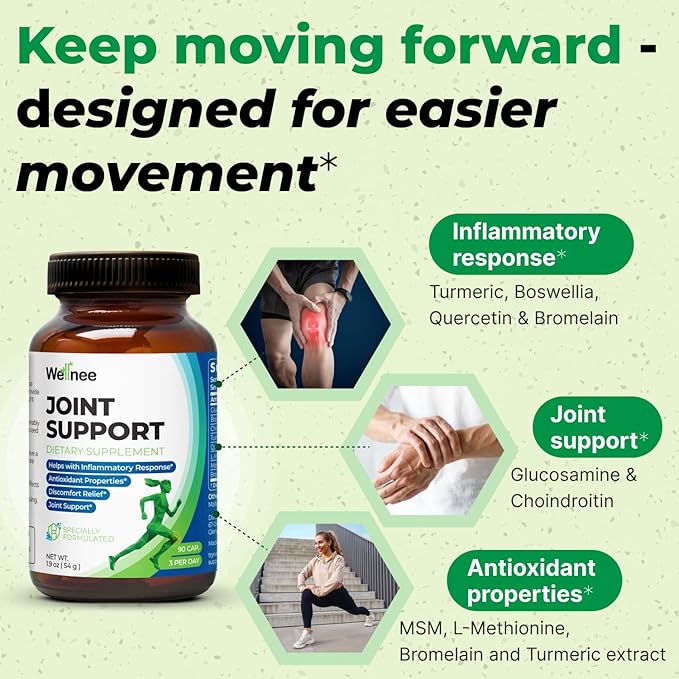 Wellnee Joint Support Supplement - Glucosamine Chondroitin MSM Boswellia &amp Turmeric - Relieves Joint Discomfort &amp Supports Flexibility - Wellknee Joint Support - 90 Capsules 30 Servings