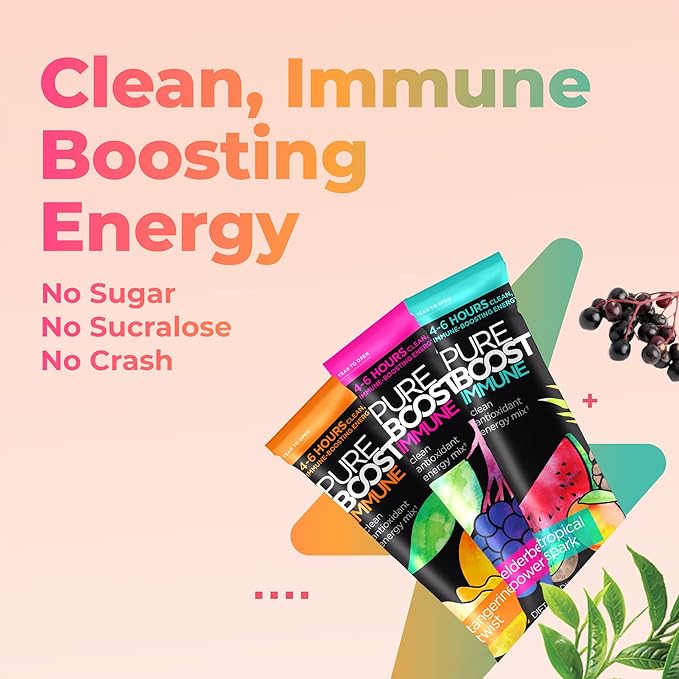 Pureboost Immune Clean Energy Booster Refreshing Energy Drink Mix and Immunity Supplement with Elderberry 1200 mg Vitamin C Vitamins A + D and Zinc. Sugar-Free (Combo Pack 30 Count)