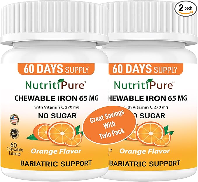 Chewable Carbonyl Iron 65mg Tablets with 270mg Vitamin C – 2 Pack (120 Count) – Gentle Non-Constipating Iron Supplement for Women &amp Men – Bariatric Friendly – Sugar Free – 4 Month Supply