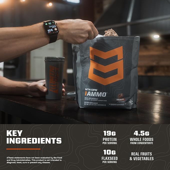 MTN OPS Ammo Meal Replacement Shake Powder – 19g Protein 10g Flaxseed 4.5g Whole Foods Real Fruits &amp Vegetables – Daily Nutrition &amp On-the-Go Fuel 30 Servings Peanut Butter Chocolate