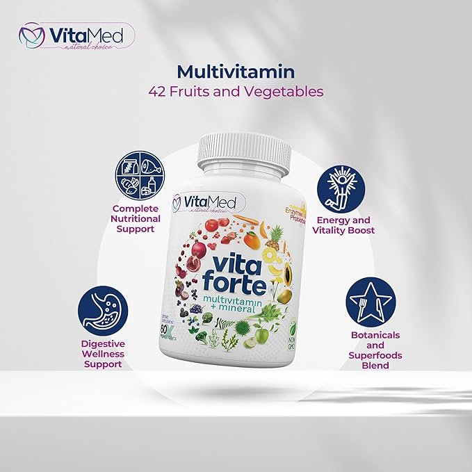 Vita Forte Vegan Multivitamin with Probiotics Digestive Enzymes &amp 42 Fruits &amp Vegetables – Halal Certified Non-GMO Gluten-Free Daily Energy &amp Immune Support – 60 Vegan Tablets