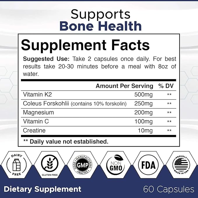 Labs Natural Bone Strength Supplements for Adults 360 Capsules - Nutritious Blend of Coleus Forskohlii Creatine Magnesium Vitamin K2 &amp C for Better Bone Health &amp Growth.