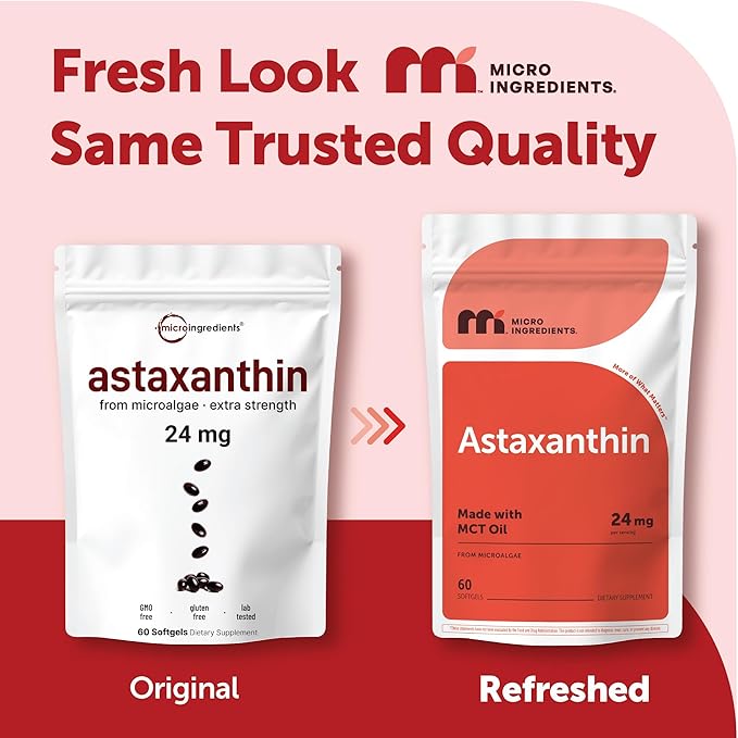 Micro Ingredients Astaxanthin 24mg with MCT Oil 60 Softgels 2 Month Supply | Max Strength Astaxanthin Antioxidant Supplements | Fresh Microalgae Source | Non-GMO Gluten Free No Soy
