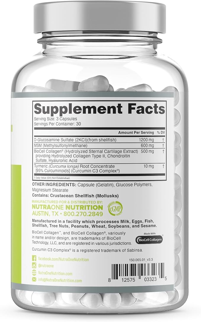 JointOne Joint Support by NutraOne - Joint Supplement for Women and Men to Help Maintain Joint Health with Collagen Glucosamine and Turmeric* (90 Capsules)