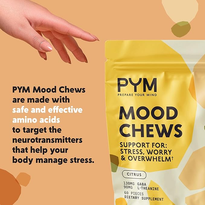 PYM Citrus Mood Chews Support for Stress Worry &amp Overwhelm 60 Count | 130mg GABA 90mg L-Theanine | VeganNon-GMO Gluten-FreeNo Added Sugar | All-Natural Mood Balance Supplement in Resealable