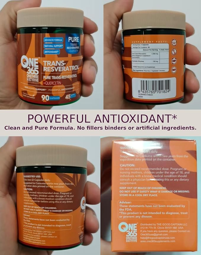 Trans Resveratrol Supplement with Quercetin Antioxidant and Healthy Aging Support Promotes Health Cellular Heart Brain &amp Immune Function 1500mg Vegan Natural Capsules 90 Count