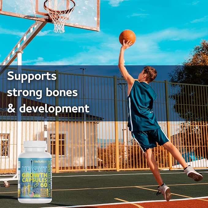WELLUTION Bone Strength &amp Growth Support for Kids &amp Teens – Calcium Collagen Vitamin D3 &amp Herbal Blend – 60 Capsules Non-GMO Gluten-Free Made in USA