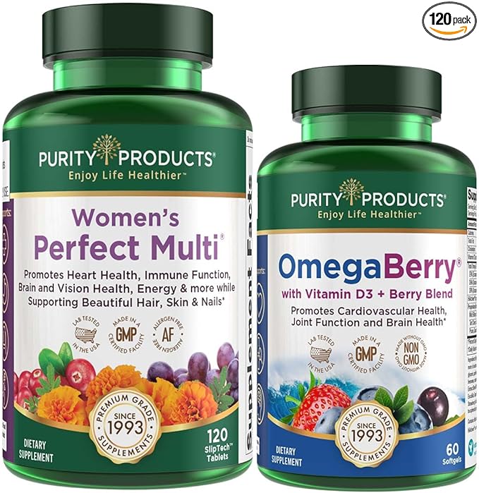Purity Products Women’s Perfect Multi + OmegaBerry Fish Oil Women's Multi (Supports Urinary Tract Health Immune Bone Hair Skin Nails + More) - OmegaBerry (1250mg Omega-3 Vitamin D3 + More)