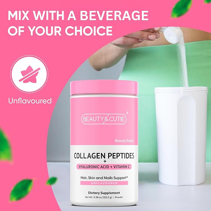 Collagen Peptides 10g with Hyaluronic Acid 120 mg and Vitamin C Powder Hair Skin and Nails Support Grass Fed Unflavored 11.38 oz