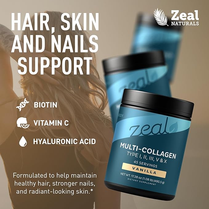 Zeal Naturals Multi Collagen Protein Peptides Powder Types I II III V X - Vitamin C Biotin &amp Hyaluronic Acid - Hair Skin &amp Nails - Marine Bovine Chicken &amp Eggshell - Vanilla 45 Servin