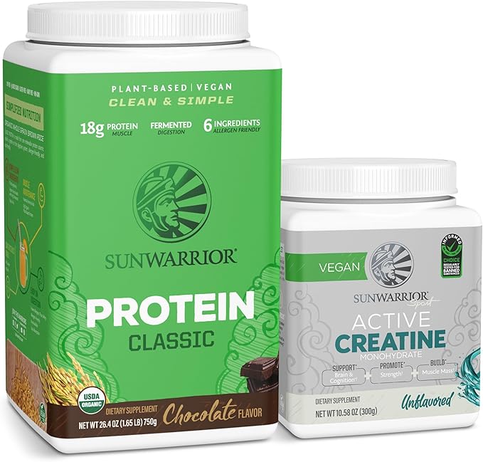 Sunwarrior Brown Rice Protein Powder Plant-Based | Chocolate 30 Servings &amp Creatine Monohydrate Powder | Micronized Unflavored 60 Servings