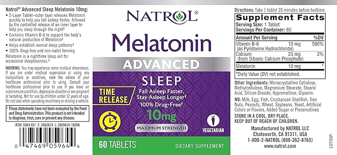 Natrol Advanced Sleep Melatonin Tablets Maximum Strength 10 mg 60 ea ( Pack of 12)