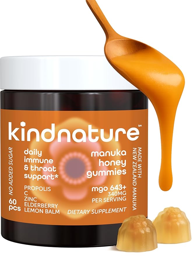 KINDNATURE Manuka Honey Medical Grade Gummies with MGO 643+ | New Zealand Manuka Honey with Zinc Vitamin C Elderberry – Immune &amp Throat Support Supplement | Kids Immune Support