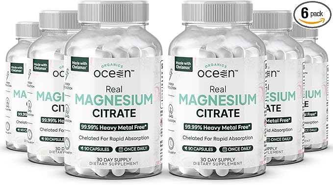 Organics Ocean Real Magnesium Citrate - High Absorption Magnesium Supplement - Chelated Magnesium to Support Energy Relaxation and Regularity - 6 Pack Bulk Supply