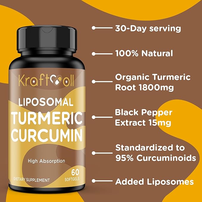 Liposomal Turmeric Curcumin Supplement 2200 mg with Black Pepper Extract 15 mg for High Absorption and Joint Function 60 Softgels for Adults