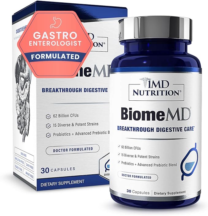1MD Nutrition BiomeMD Probiotics | 62 Billion CFUs 15 Comprehensive Strains - Pro &amp Prebiotics | Doctor-Formulated for Digestive Health &amp Immune Support | 30 Capsules