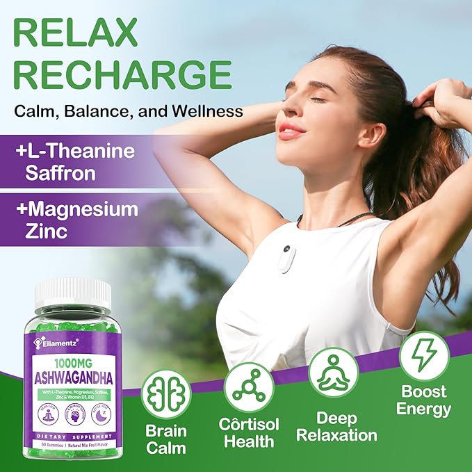 Ashwagandha Gummies 1000mg with L-Theanine &amp Magnesium - Natural Calm Gummies with Vitamin D3 B12 &amp Zinc Support Relaxation Daily Mo♡d Balance Night Rest Sugar Free120 Counts