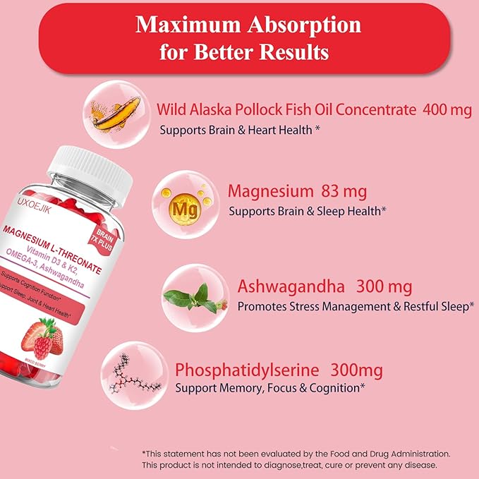 Magnesium L-Threonate Gummies - with Vitamin D K2 &amp Omega-3 Fish Oil - Brain Health Memory and Muscle Support - Vegan Non-GMO Natural Berry Flavor 90 Gummies
