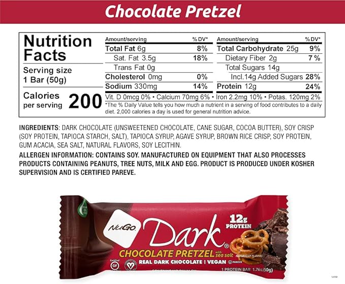 NuGo Dark Variety - Chocolate Pretzel 12 Bars &amp Chocolate Chocolate Chip 12 Bars 12g Protein Vegan Gluten Free Non-GMO Kosher Pareve 24 Count