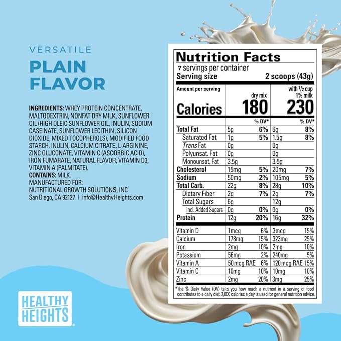 Healthy Heights Grow Daily Kids Protein Drink Mix (Plain) - High Protein Shake for Kids 3+