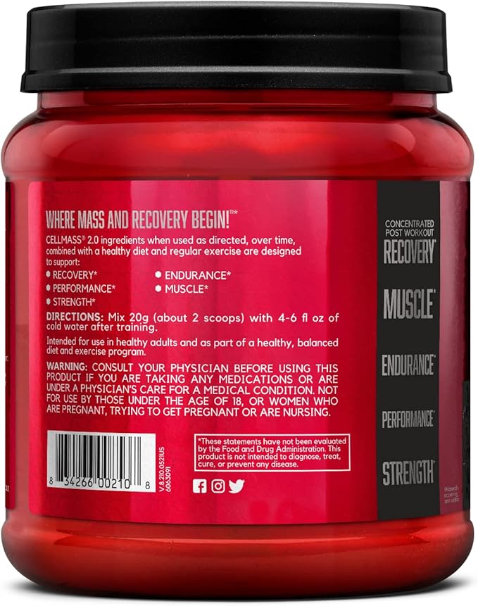 BSN CELLMASS 2.0 Post Workout Recovery with BCAA Creatine &amp Glutamine - Keto Friendly - Blue Raz (25 Servings)