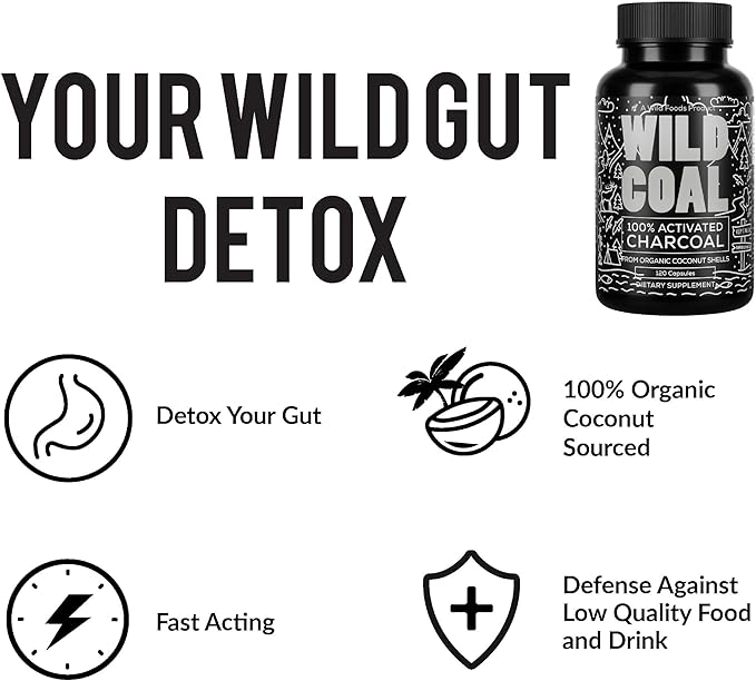 Wild Foods Activated Charcoal Capsules | 100% Organic Coconut Shells Active Tablets | Lab Tested &amp Non-GMO Detox Pills | USA (Three Bottles - 120 Capsules)
