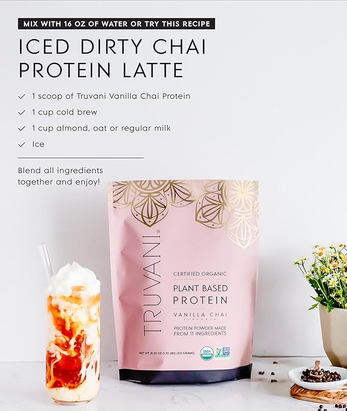 Truvani Vegan Pea Protein Powder | Vanilla Chai | 20g Organic Plant Based Protein | Single Serving Travel Packets | 10 Servings | Keto | Gluten &amp Dairy Free | Low Carb | No Added Sugar