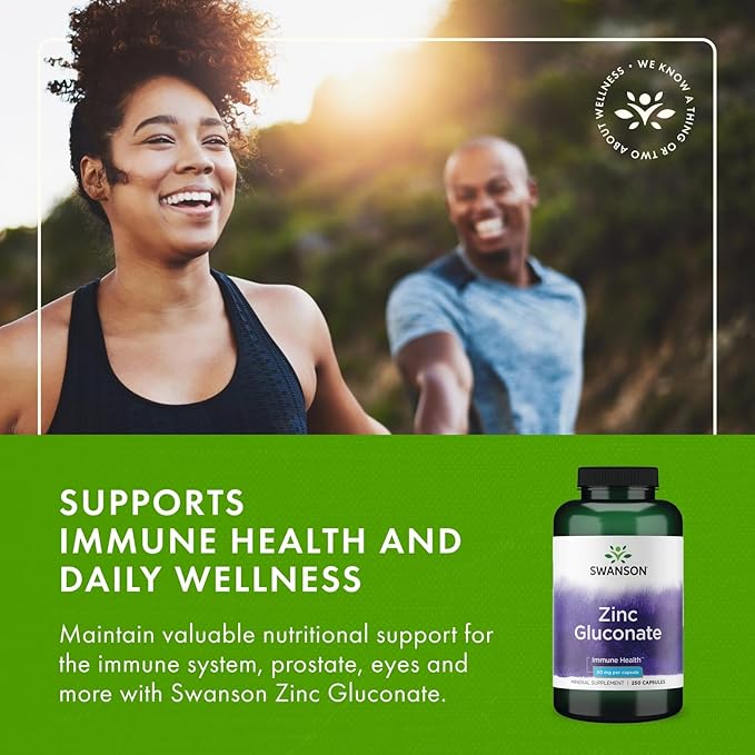Swanson Zinc Gluconate - Mineral Supplement Promoting Prostate Health Vision Health &amp Immune Support - Gluconate Form for Optimal Absorption - (250 Capsules 50mg Each) (2 Pack)