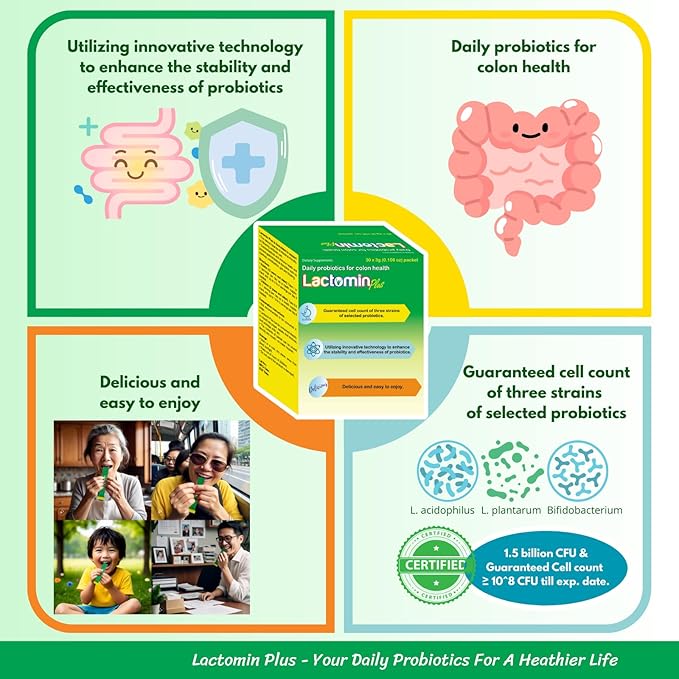 Probiotics - LactominPlus-3 Probiotics Strains - Powder - Sweet Yogurt Flavor - 30 Sticks x 3g (1month) 1.5 Billion CFU with Prebiotics(FOS) Constipation &amp Bloating Relief Microencapsulated