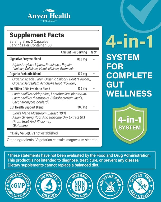 800mg Digestive Enzymes for Men and Women with Probiotics &amp Prebiotics 8 Key Enzymes Protease Amylase &amp Lipase | 180 Capsules - A 60-Day Supply for Bloating &amp Gas Relief - Non-GMO