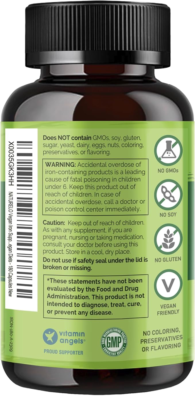 NATURELO Vegan Iron Supplement with Vitamin C and Organic Whole Foods - Gentle Iron Pills for Women &amp Men with Iron Deficiency Including Pregnancy Anemia and Vegan Diets - 180 Mini Capsules