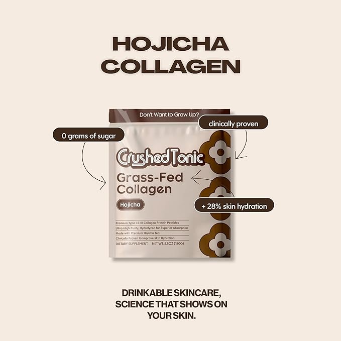 Crushed Tonic Bovine Collagen Powder Korean Beauty Drink with Hydrolyzed Collagen Peptides for Skin Hair &amp Nails | Gluten-Free Halal &amp Kosher (Hojicha 30 Servings (150 g) Pouch)