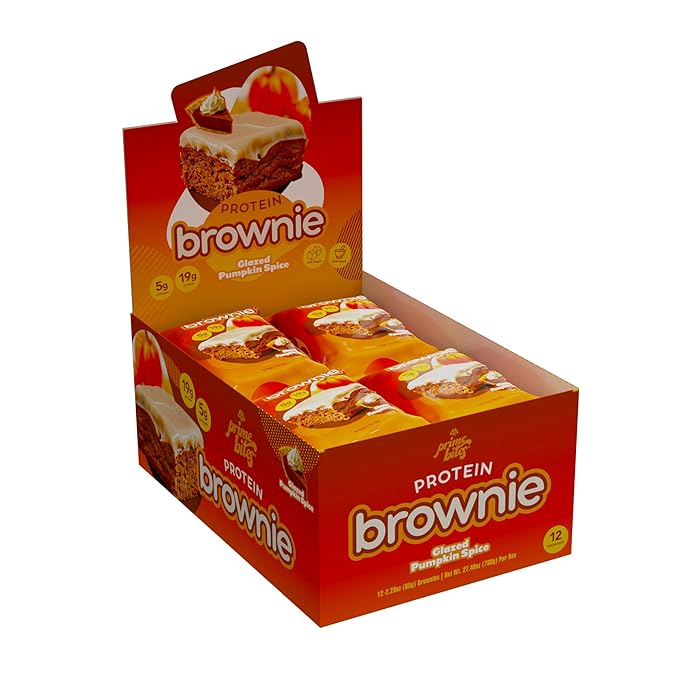 Prime Bites High Protein Brownie (12 Per Box Glazed Pumpkin Spice) - 19g of Protein 5g of Collagen Gluten Free Low Sugar Treat Delicious Protein Snack