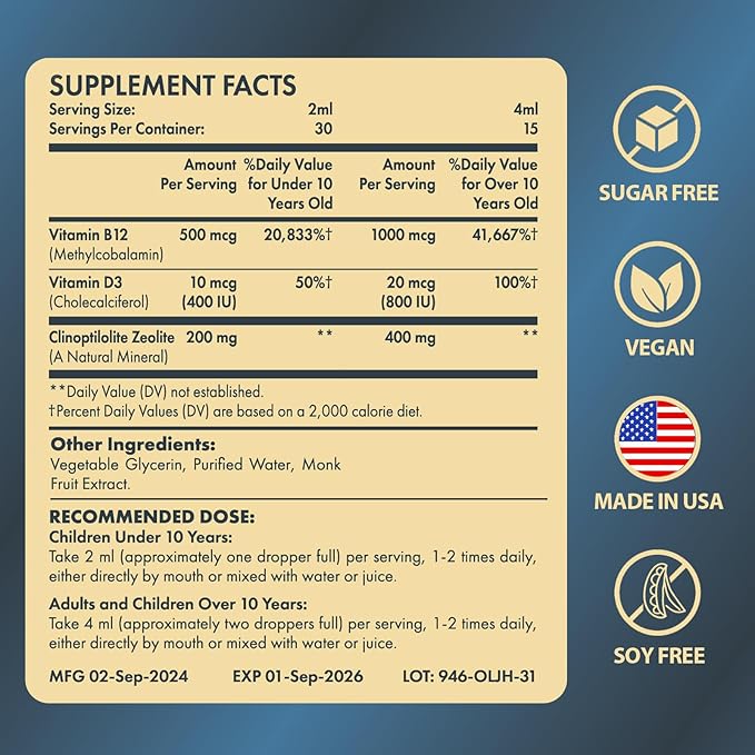 Zeolite Drops with Vitamin B12 &amp D3 + Methylene Blue USP Grade Supplement