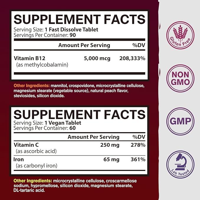 Iron and Vitamin B12 Bundle 5000 mcg B12 Zero Sugar Carbonyl Iron with Vitamin C Gentle on The Stomach